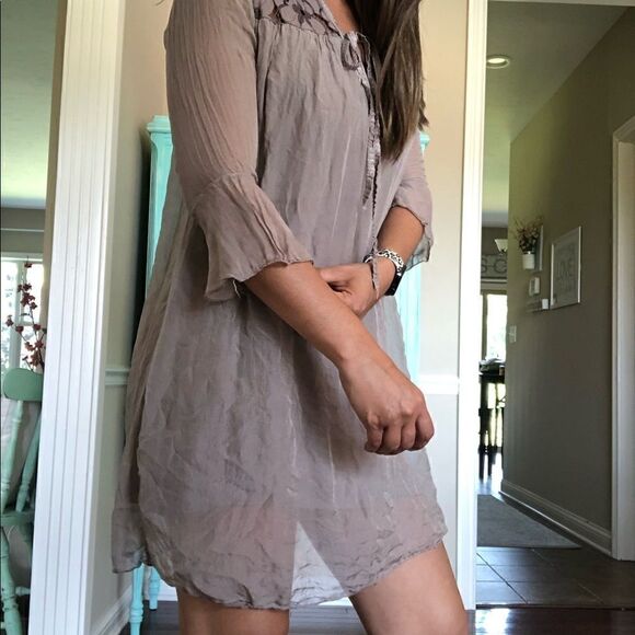 Nicole Brown 100% Silk Mini Dress Lace Italy Lightweight Women Size Small - Picture 4 of 8